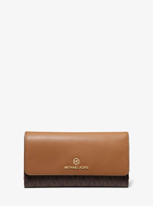 Damske Penazenky Michael Kors Large Logo and Leather Tri-Fold Čokoláda Žlté - Doplnky Michael Kors Sleva | GQJRU-4738